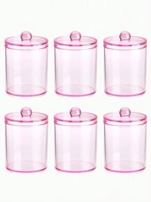 6 Pack Qtip Clips With Plastic Lids - 10 Oz Clear Medicine Bottle Dresser Organizer And Storage Makeup Jar For Makeup Round Pads, Swabs, Dental Floss, Hair Clips, Paper Clips, Hair Ties (Pink)