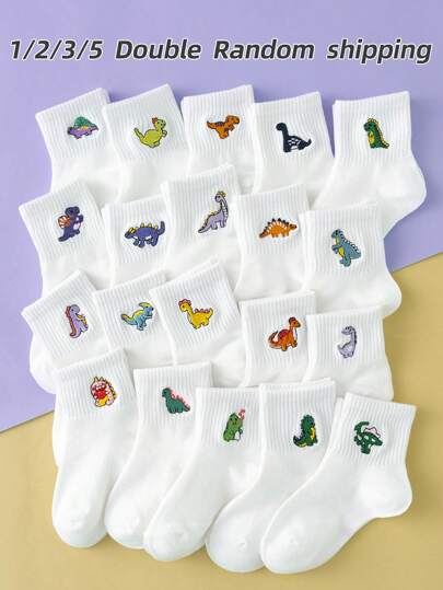 1/2/3/5 Pairs Of Interesting Personalized Cartoon White All-Match Embroidered Dinosaur Pattern Fashionable Mid-Calf Socks For Kids, Random Shipping