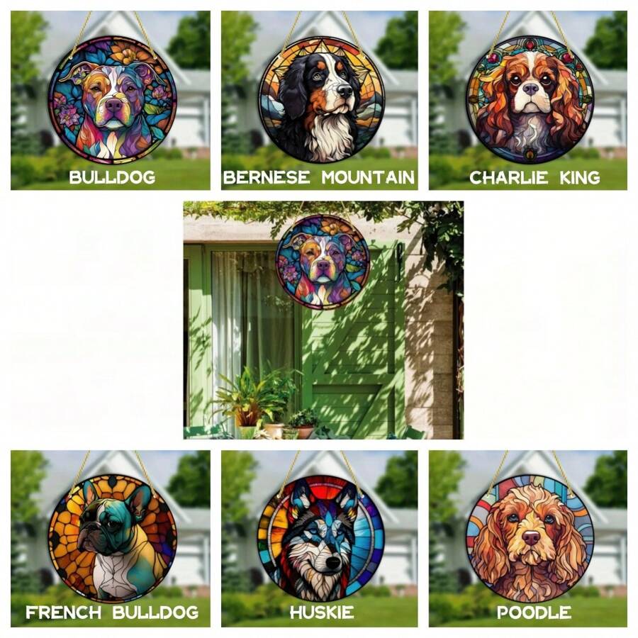 1 Stück, Hundemotiv Glasmalerei Sonnenfänger, Hunde Wandhänger Ornament Panel Dekoration, Geburtstagsgeschenk für Großmutter Tierliebhaber, Anhänger Dekor Ornament, Szenendekor, Raumdekoration, Heimdekoration, Fensterdekor Anhänger, Feiertagsdekor, Auswahl aus verschiedenen Hundearten wie Charlie King Hund, Berner Sennenhund, Pudel, Husky, Bulldogge