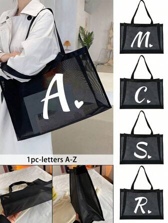 1 件爱心印花首字母 A-Z 网眼沙滩包手提包，心形字母沙滩包，可折叠游泳沙滩手提包，网眼沙滩手提包女士单肩手提包，适合海滩度假储物和购物，大容量手提包，送给妈妈和老师的礼物，适合女性、情侣、日常使用、约会、生日、节日、返校、夏季、度假、海滩、旅行、通勤、商务、学生、野餐、露营、超市、日常储物、教师节礼物（黑色），非常适合海滩度假和度假必需品