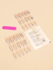 30片中长款棺材形水钻蝴蝶美甲贴纸，1瓶果冻胶，1把指甲锉 - 瞬间提升您的美甲造型，适合派对、舞蹈、日常佩戴，可拆卸可重复使用的美甲配件 - 彩色 - 查看 3