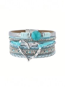 Fashionable Heart-Shaped Faux Leather Bracelet - Sparkling Rhinestone Decor - Magnetic Clasp Design, Easy To Wear - Perfect Accessory For Any Occasion, Ideal Valentine's Day Gift