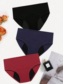 3 piezas/Paquete Bragas menstruales a prueba de fugas para mujeres, de unicolor, sencillas, ropa interior de seguridad transpirable