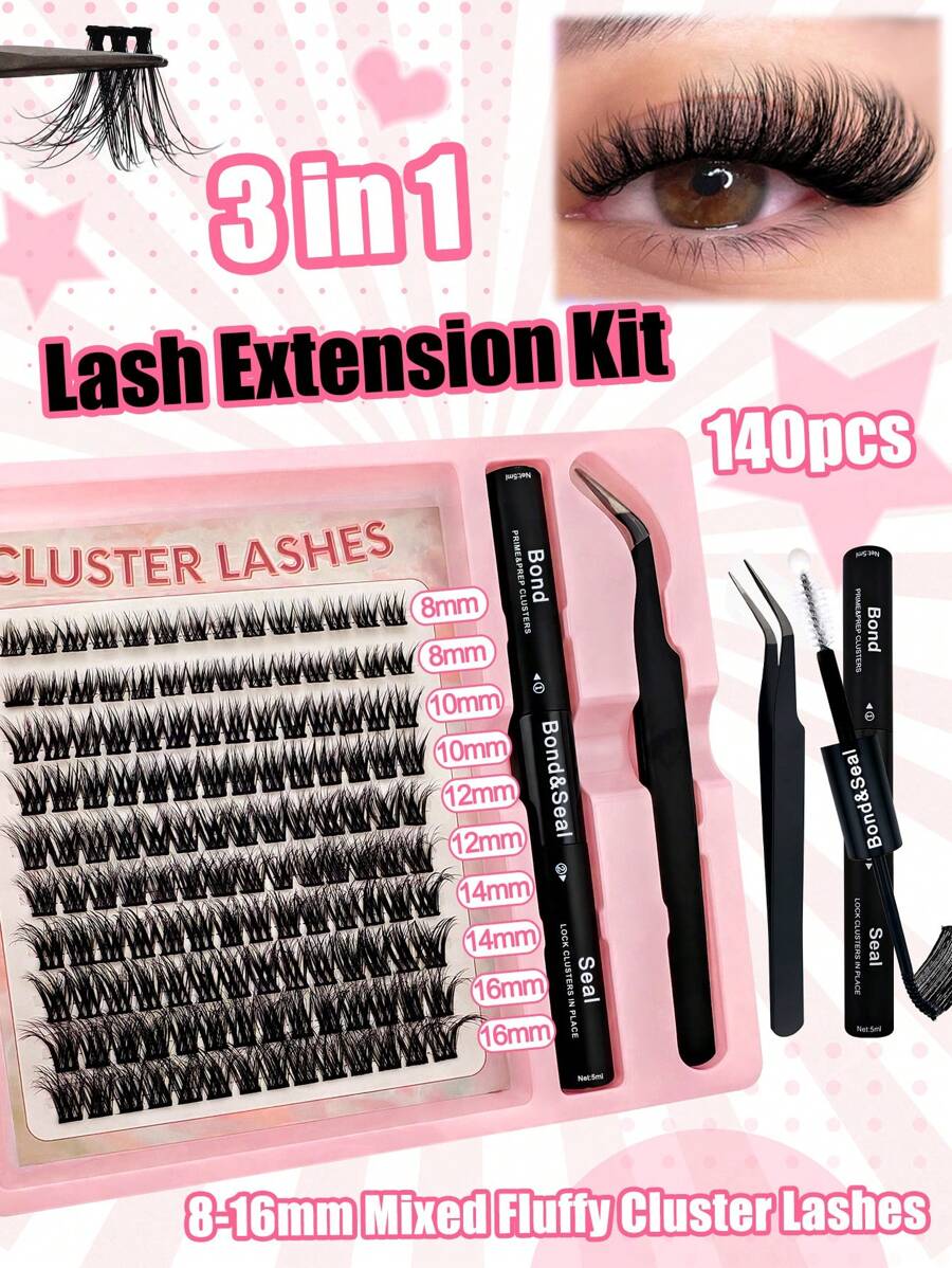 140 Stück Flauschiges DIY Wimpernverlängerungs-Set 8-16mm gemischte Länge Flauschige individuelle Wimpern Cluster Segmentierte Spitzen C-Locken Wimpernverlängerungs-Set mit Wimpernkleber und Versiegelung und Wimpernapplikator-Werkzeug für die Selbstanwendung zu Hause Wimpern Cluster Set, Wimpern, Wimpern, Falsche Wimpern