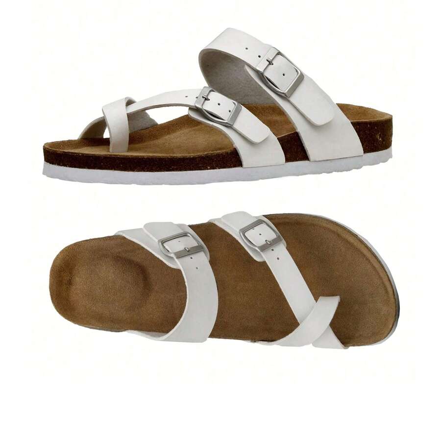 Women's Strappy Slip-On Slippers With Adjustable Buckle Cork Footbed Slides For Sandals Outdoor - Apricot - View 1