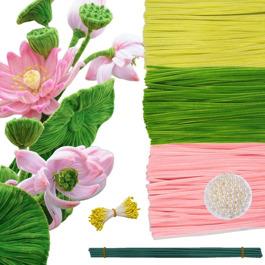 Kit DIY Tournesol - 300 Cure-Pipes + 20 Tiges Fleurs + Ruban Adhésif - Couleurs Vert, Jaune, Marron - Création Bouquet & Artisanat