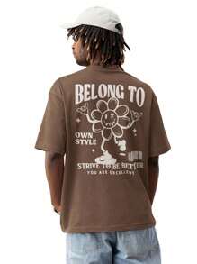 Camiseta De Malha Impressa Belong Com Padrão Soltinho De Rosto De Desenho Animado Para Homens - Marrom - Visão 1