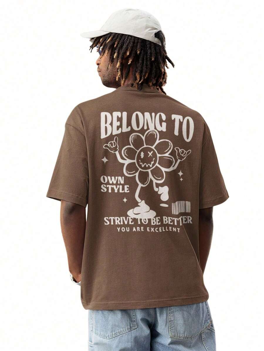Camiseta De Malha Impressa Belong Com Padrão Soltinho De Rosto De Desenho Animado Para Homens - Marrom - Visão 1