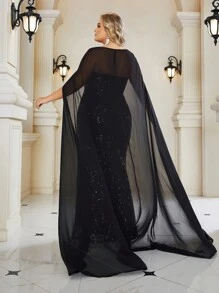 女士加大码黑色亮片斗篷开衩晚礼服