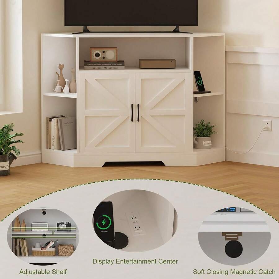 Tv Stand, Corner Tv Stand With Power Outlet, Farmhouse Corner Tv