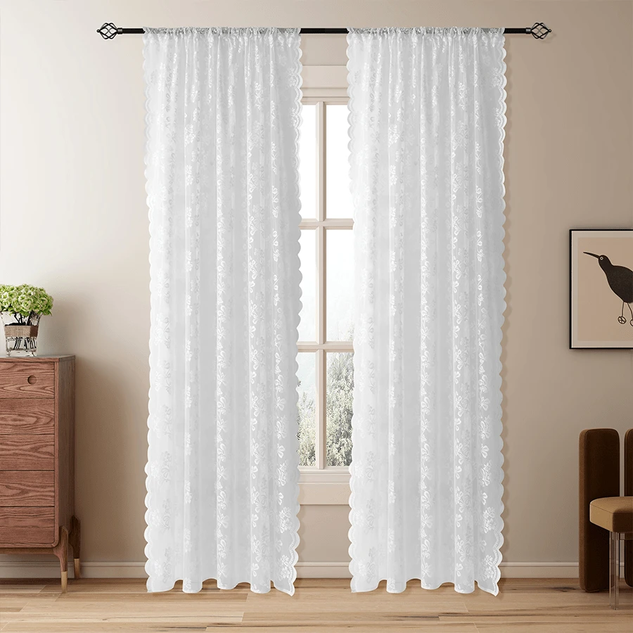 1pc Korean Style Floral Lace Sheer Curtain, Ready-Made, Simple Design, Partition, Balcony, Voile - White - View 1