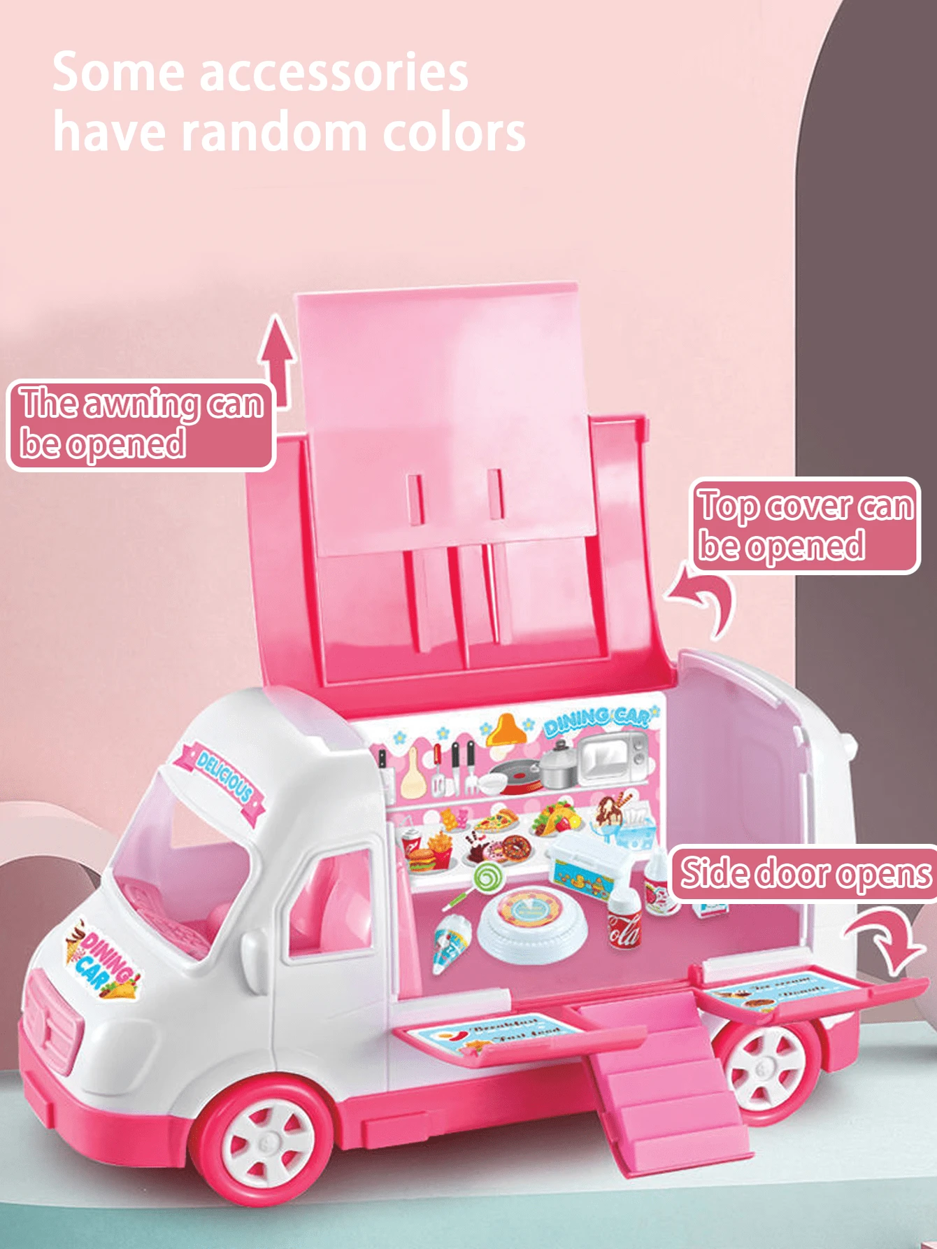 1box Pretend Play Food & Dining Cart Toy For Children, Ice Cream Cart For Girls' Princess Roleplay (Some Accessories Random Color) - Pink - View 1