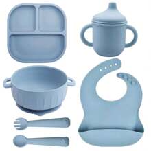 6 Pieces Silicone Baby Feeding Set, Infant-Led Weaning Essentials, Suction Divided Plate, Toddler Self-Feeding Plate Set With Spoon, Fork, Training Cup With Straw, Adjustable Bib, Tableware Easter Gift