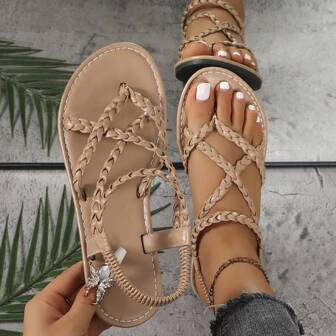 Women's Woven Flat Sandals In Black, Brown, Apricot And Coffee Colors, Solid Color With Toe Ring, Non-Slip Outdoor And Indoor Slippers