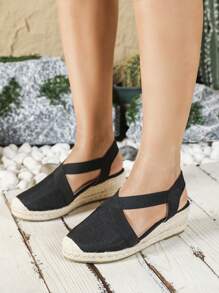 Women's Fashionable Linen Rope Wedge Sandals With Crossed Rubber Soles, Closed Toe Style - Black - View 3