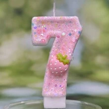 Velas numéricas de cumpleaños de 2,95 pulgadas, velas de número rosa brillante para la parte superior del pastel con fresas y lentejuelas para suministros de celebración de aniversario - Rosa - Ver 7
