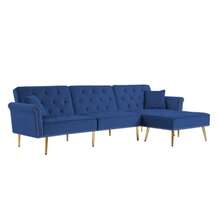 Modern Velvet Upholstered- Reversible Sectional Sofa Bed , L-Shaped Couch With Movable Ottoman And Nailhead Trim For Living Room. (Blue-)