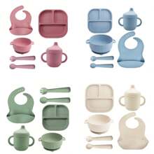 6 Pieces Silicone Baby Feeding Set, Infant-Led Weaning Essentials, Suction Divided Plate, Toddler Self-Feeding Plate Set With Spoon, Fork, Training Cup With Straw, Adjustable Bib, Tableware Easter Gift