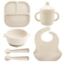 6 Pieces Silicone Baby Feeding Set, Infant-Led Weaning Essentials, Suction Divided Plate, Toddler Self-Feeding Plate Set With Spoon, Fork, Training Cup With Straw, Adjustable Bib, Tableware Easter Gift
