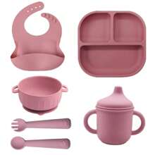 6 Pieces Silicone Baby Feeding Set, Infant-Led Weaning Essentials, Suction Divided Plate, Toddler Self-Feeding Plate Set With Spoon, Fork, Training Cup With Straw, Adjustable Bib, Tableware Easter Gift