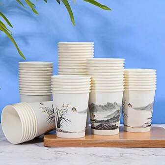 15/50pcs Stylish And Attractive Paper Cups, Home/Office 250ML Heat-Resistant Water/Tea/Coffee/Soda Cups, Simple And Unique Designs With Varied Pattern Colors