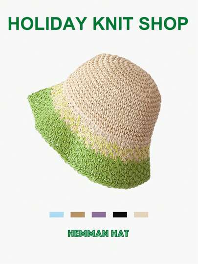 1pc Women Ombre Color Straw Hat, Hollow Out Breathable Foldable Bucket Hat For Summer Beach Daily Sun Protection