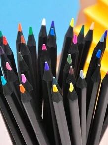 24 支装，12 色黑色木质铅笔套装绘图涂鸦文具艺术彩色铅笔学校用品，六角防滑笔杆 - 彩色 - 查看 2
