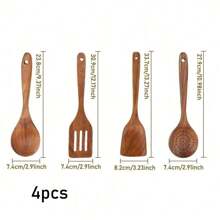 AIUHI 4pcs Wooden Kitchen Utensils Set, Spoons Wok Spatulas Natural Wooden Set For Non-Stick Pan