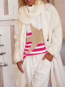 Ladies' Asymmetric Star Pattern Long Sleeve Loose Knit Sweater For Spring And Autumn [Back To School Season] - White - View 5