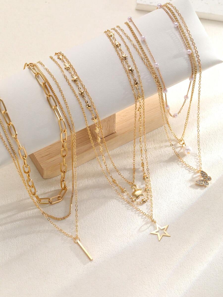 9 件时尚、简约、优雅、精致、复古、可爱蝴蝶、人造珍珠、星形、水钻、几何、方形、垂直条形、链条、金属金色吊坠项链套装,适合节日、假期、聚会、约会、日常佩戴、送礼 - 金黃色 - 查看 1
