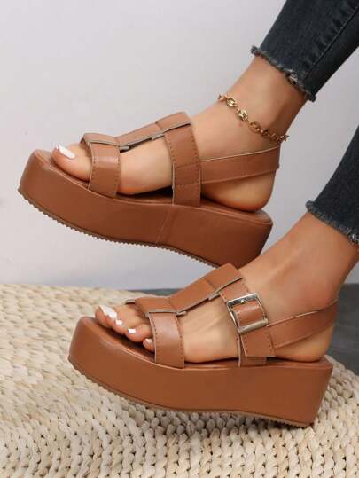 Women's Solid Color Buckle Thick Sole Casual Sandals, Brown PU Wedge Heel Open Toe Sandals, Summer