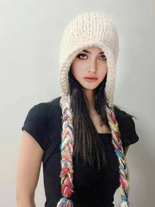 1pc Women's Winter Handmade Tassel Knit Hat, Autumn & Winter Warm Ear Protection Fashionable Beanie, Suitable For Daily Wear, Shopping And Skiing