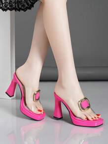 New Summer Women's High Heel Sandals, Thick Heel, Waterproof Platform, Metallic Decor, Transparent Open Toe Slippers