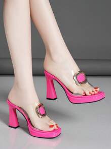 New Summer Women's High Heel Sandals, Thick Heel, Waterproof Platform, Metallic Decor, Transparent Open Toe Slippers
