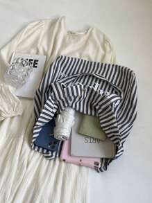 Geantă ocazională Geantă tote pentru femei de capacitate mare 2024 Noua linie la modă Geantă de umăr super fierbinte Geantă tip găleată în dungi - Negru - Vizualizare 9