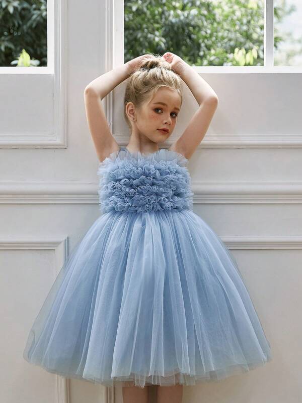 Young Girl Floral Mesh Elegant Princess Party Dress, Suitable For Birthday Party, Wedding, Prom, Important Occasions, Festival Celebrations, And Stage Performance