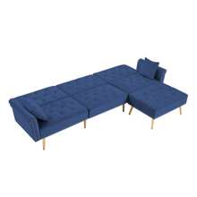 Modern Velvet Upholstered- Reversible Sectional Sofa Bed , L-Shaped Couch With Movable Ottoman And Nailhead Trim For Living Room. (Blue-)