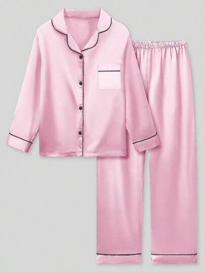2pcs/Set Tween Girls' Pink Long Sleeve Sleepwear Set