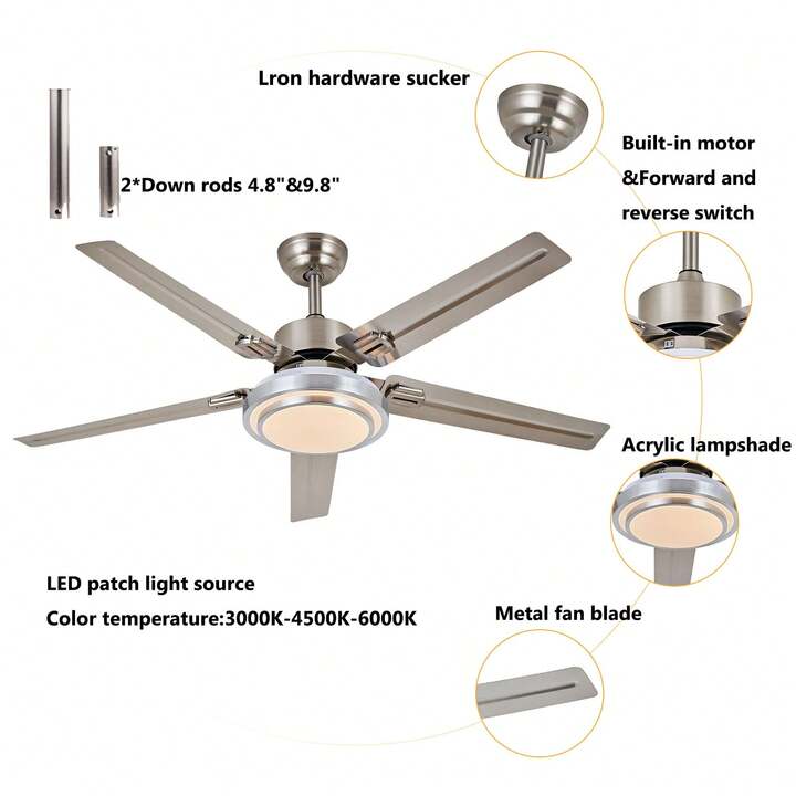 Ceiling Fan W/Light Kit, 52 Inch Led Indoor/Outdoor Stainless 
