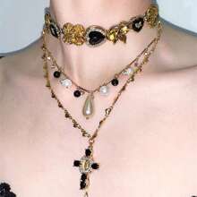 2 pezzi/set "Epica romantica" Collana con bottone nero e oro con pendente vintage a forma di perla, cuore e croce
