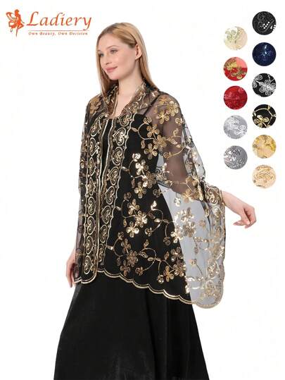 1 pieza Elegante y con estilo chal hecho a mano con diseño de corazón y flor de lentejuelas para mujeres, excelente para fiestas de noche, actuaciones en el escenario y accesorios de uso diario, Día de San Valentín para mujeres