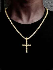水鑽冰鎮十字吊墜項鍊4mm網球鏈條適合男人及女人嘻哈首飾類 - 銀色 - 查看 8