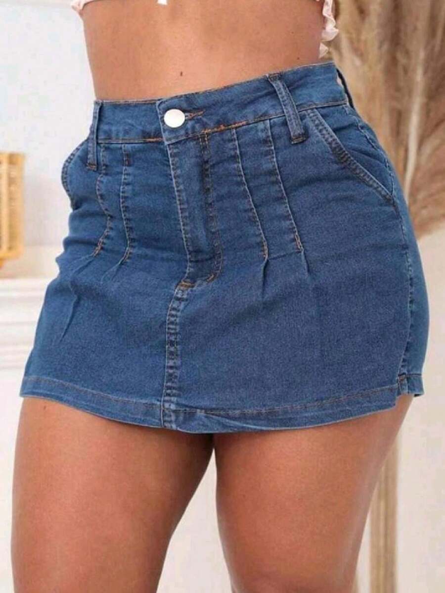 Women Denim Shorts - 中等水洗藍 - 查看 1