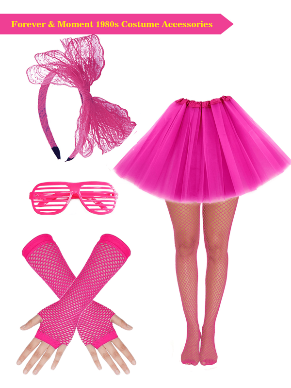 Forever & Moment 5PCS 80s And 90s Retro Neon Party Costume Accessories Set Lace Bow Headband Sexy Tutu Mesh Skirt Fishing Net Pantyhose Louver Glasses Props Suitable For 80s Women's Ball Party Role Playing Costume Accessories,School Valentine's Day Prom