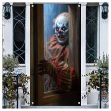 70*35 英寸万圣节门横幅小丑万圣节横幅不给糖就捣蛋横幅，万圣节派对摄影照片横幅背景万圣节快乐装饰品万圣节门标，圣诞节 - 黑色 - 查看 1