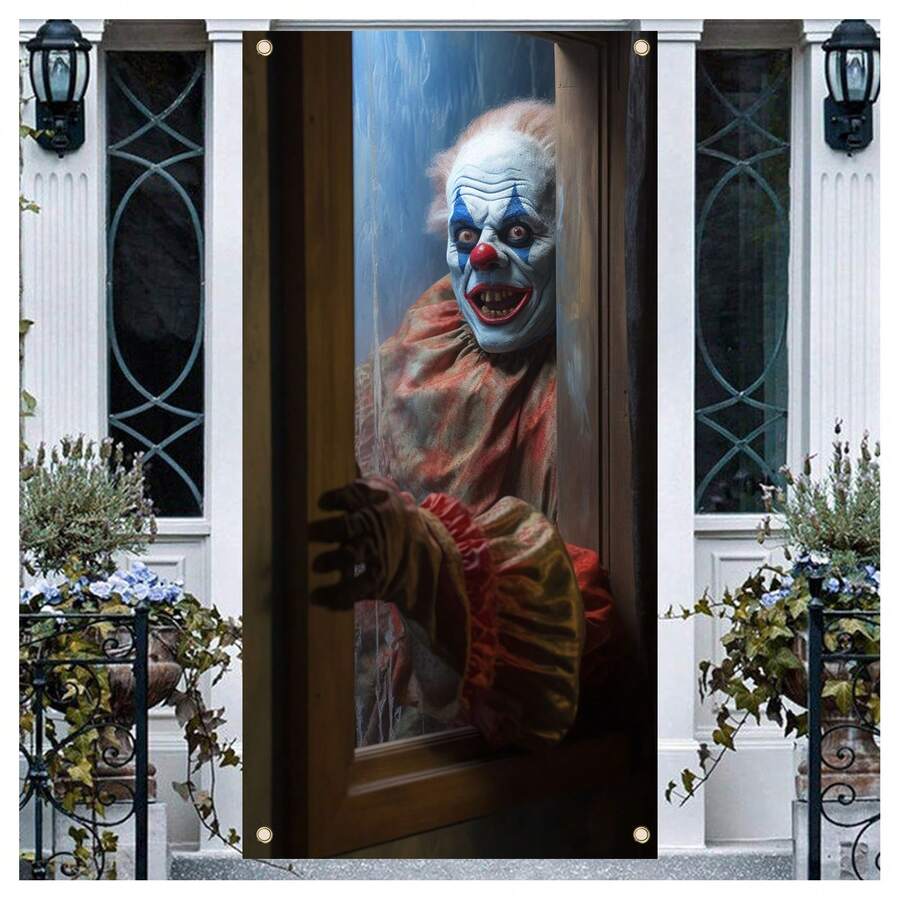 70*35 英寸万圣节门横幅小丑万圣节横幅不给糖就捣蛋横幅，万圣节派对摄影照片横幅背景万圣节快乐装饰品万圣节门标，圣诞节 - 黑色 - 查看 1