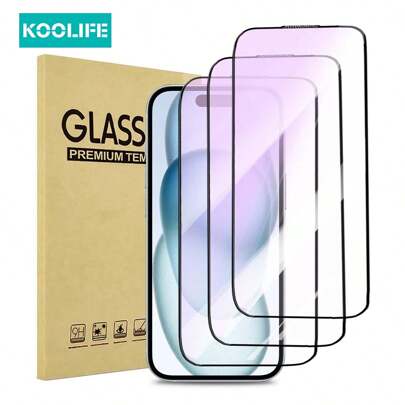 Protetor de tela Koolife para celular de vidro temperado com proteção total dos olhos, luz roxa transparente, 3 peças, com borda de tela preta, resistente a impressões digitais, toque suave, compatível com Apple iPhone 12/12 Pro/12 Pro Max/13/13 Pro/13 Pro Max/14/14 Plus/14 Pro/14 Pro Max/15/15 Pro/15 Plus/15 Pro Max