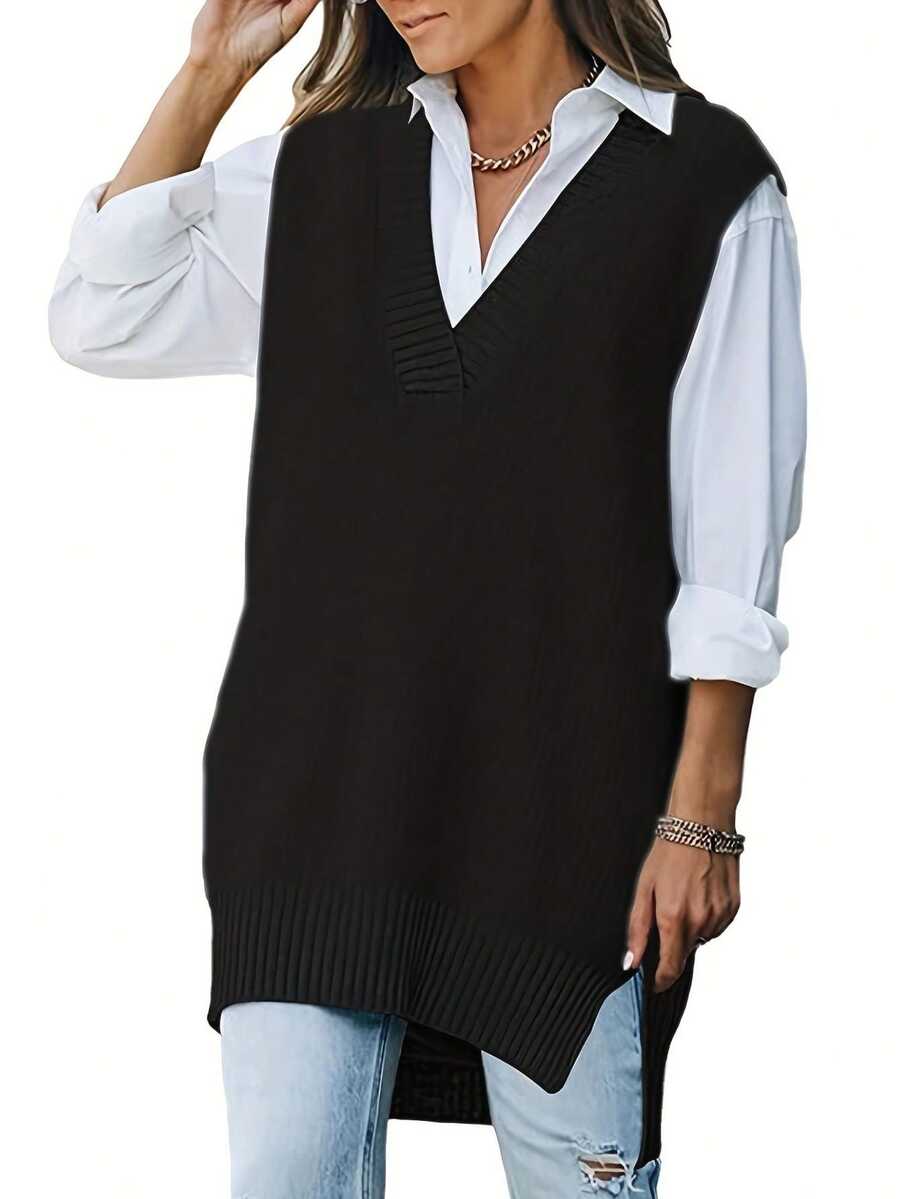 Women Solid Color V-Neck Sleeveless Casual Knit Tank Top - Black - View 1