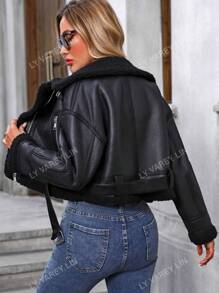 Chaqueta bomber de motorista de piel sintética con forro de borreguillo para mujer, chaqueta casual de otoño tardío con bolsillos, cremallera, hombros caídos y cuello, ajuste regular con colorblock negro, chaquetas de mujer sencillas, abrigada para el invierno/moda invernal