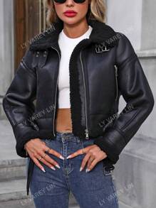 Chaqueta bomber de motorista de piel sintética con forro de borreguillo para mujer, chaqueta casual de otoño tardío con bolsillos, cremallera, hombros caídos y cuello, ajuste regular con colorblock negro, chaquetas de mujer sencillas, abrigada para el invierno/moda invernal